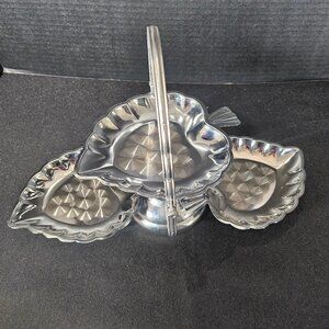 Three Tiered Chrome Plated Metal Leaf Design Folding Serving Piece With Handle